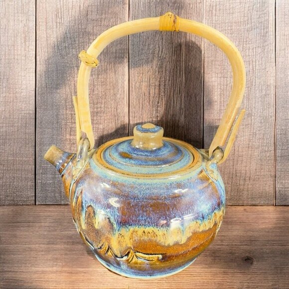Vintage Pottery Stoneware Teapot Carafe With Wood Handle Drip Glaze Signed Mosia - Picture 1 of 16